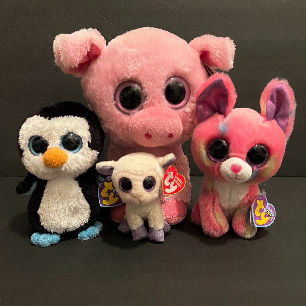 Lot of 4 Ty Beanie Boos with Tags Pig, Penguin, Tie-Dye Chihuahua, Sheep